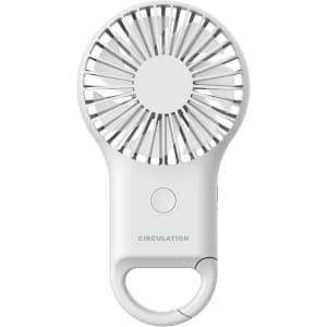 A white mini fan with a carabiner clip and LED light, featuring a circular blade design and a power button.
