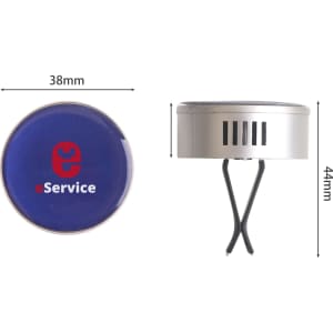 A round silver air freshener with a blue top, featuring a logo and dimensions of 38mm by 44mm.