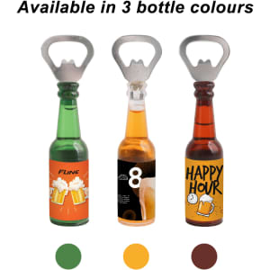 A drink bottle opener in green, amber, and brown with a metal cap lifter and a fridge magnet.