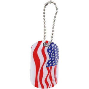 A dog tag with a red, white, and blue design featuring stripes and stars, attached to a silver chain.