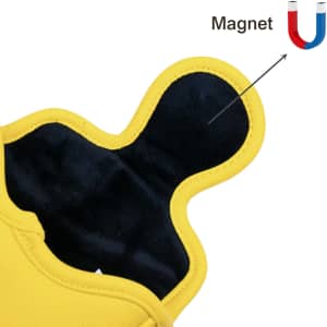 A yellow putter cover with a black interior and a magnet feature. Includes branding on the product.