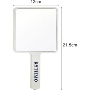 A handheld square mirror with a white frame, measuring 12cm by 21.5cm, featuring a logo on the handle.