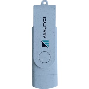 A light blue double-end eco swivel Type C flash drive with a branding logo.