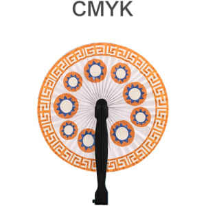 A round plastic paper fan with an orange and blue geometric design and a black handle.
