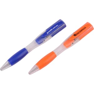 A blue and orange ballpoint pen flash drive, featuring transparent bodies and a branding logo on the orange pen.