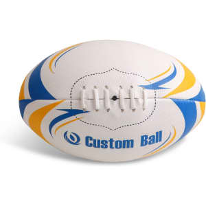 A training AFL ball in white with blue and yellow accents, featuring a branding logo.