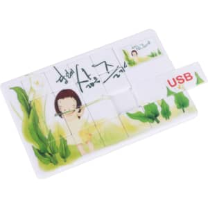 A puzzle-themed USB flash drive featuring colourful illustrations of a girl and green plants, with a branding logo.