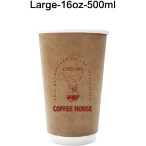 A disposable double wall kraft paper cup in brown, featuring a logo and a white interior.