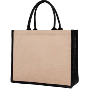 Coloured jute tote bag in natural with black handles and trim, featuring a logo on the front.