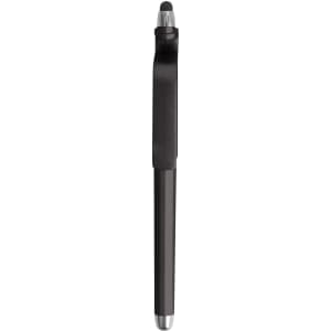 A black stylus ball pen with a mobile holder and a silver tip, featuring a logo on the side.