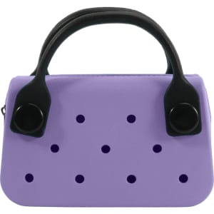A mini handbag in lavender with black handles and decorative holes. It features a simple, stylish design.