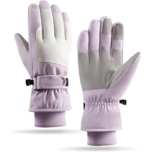 A pair of lavender ski gloves with a grey palm, featuring a wrist strap and elastic cuffs.