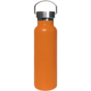 A drink bottle in vibrant orange with a stainless steel lid and a handle, designed for vacuum insulation.
