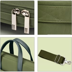 A green Sling Laptop Bag features silver zippers, a detachable strap, and padded handles. It has a logo on the side.