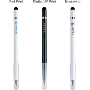A set of three 3 in 1 Eternal Pencils in white and black, featuring different printing options and a logo on each.