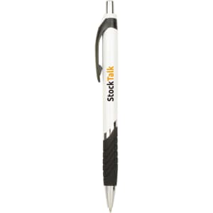 A plastic ballpoint pen with a white barrel, black grip, silver accents, and a logo.
