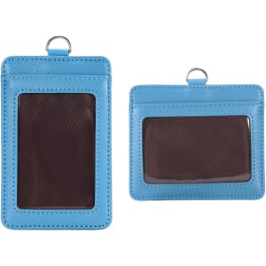A blue PU leather card holder featuring two pockets for cards and a loop for attachment.