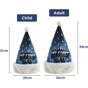 A festive Santa hat in blue with a white trim and pom-pom, available in child and adult sizes.
