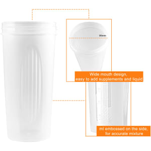 A drink bottle made from BPA-free materials, featuring a clear design with measurement markings and a wide mouth opening.
