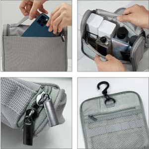 A grey hanging travel toiletry bag with compartments, featuring a hook, zippered pockets, and various travel-sized containers.