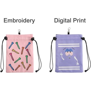 A pink pouch with colourful golf tees design and a purple pouch featuring a playful character, both with drawstring closures.