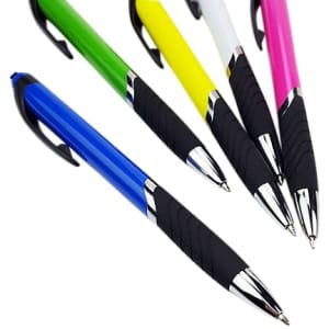 A selection of coloured barrel ballpoint pens in blue, green, yellow, pink, and white, featuring black grips and silver accents.