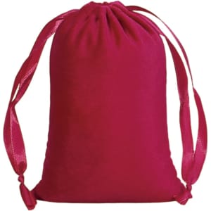 A fuchsia velvet drawstring bag with matching ties, featuring a simple design and a logo.