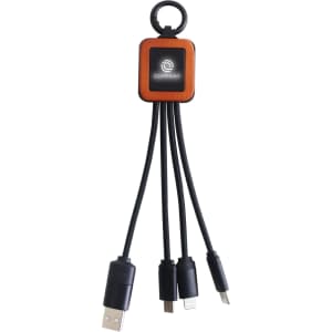 A square-shaped light-up charging cable with three connectors—USB, Micro USB, and Type-C. The cable is black with an orange connector.