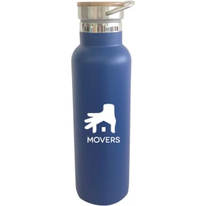 A drink bottle in navy blue with a double wall vacuum feature and a bamboo lid, including a logo.