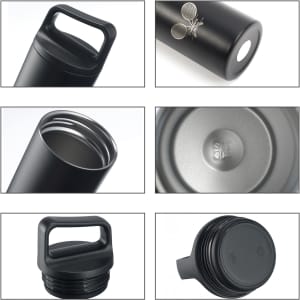 A drink bottle in black stainless steel with a handle, featuring a wide opening and a removable lid.