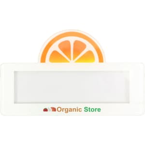 A reusable acrylic name badge in white, featuring a vibrant orange slice design and an area for custom text.