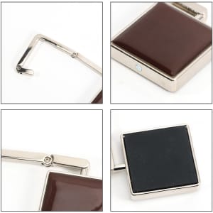 A square foldable desk hook in burgundy and black, featuring a metallic frame and a logo on the surface.