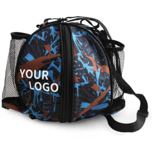 A ball backpack in blue and brown, featuring mesh sides and a zip closure, with a logo displayed prominently.