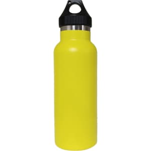 A drink bottle in bright yellow, featuring a double wall vacuum design and a black PP lid.