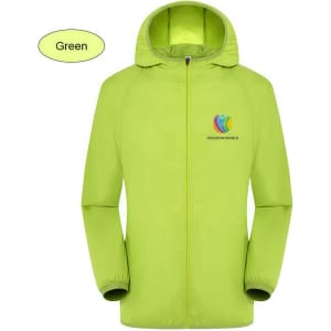 A vibrant green unisex jacket made from 100% polyester, featuring a hood and a logo on the front.