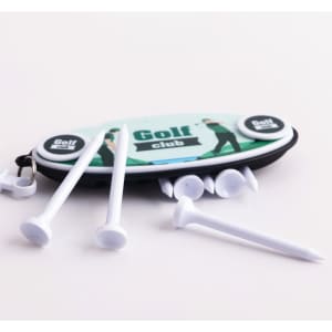 A Golf Tee Set featuring multiple white tees and a pouch with a logo, set on a light background.