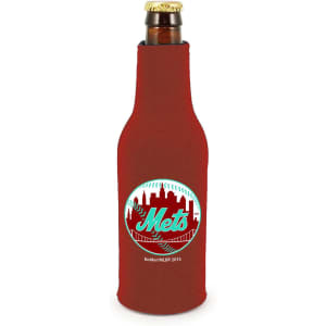 A drink bottle in a red zippered cooler with a logo design. The bottle has a capped top.