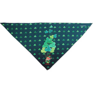 A triangular pet bandana in dark green featuring a playful design with light green balloons and a character.