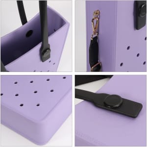 A lilac EVA tote bag featuring a perforated design and black straps, displaying various angles of the bag.