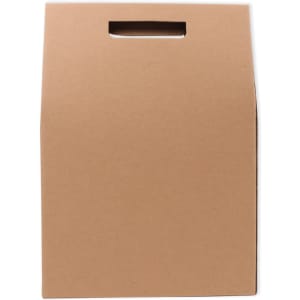 A portable wine box made of brown cardboard with a handle, designed to hold three bottles.