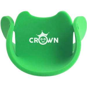 A green party hat with a soft texture and ear-like protrusions, featuring a logo on the front.