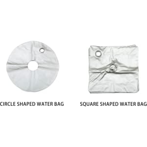 Two water bags displayed: a circular bag and a square bag, both in a glossy white finish with holes for handles.