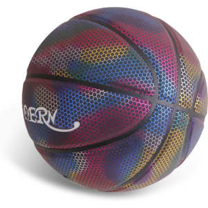 A holographic basketball featuring vibrant shades of purple, blue, red, and green, with a logo on its surface.