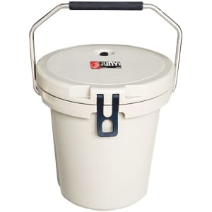 A 15L ice bucket in cream with a black handle and a lid, featuring a logo.