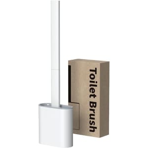 A silicone toilet brush with a white handle and a matching holder, accompanied by plain packaging.