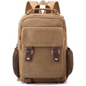 A tan canvas sling backpack with multiple pockets, adjustable straps, and a mesh side pocket. It has a logo on it.