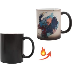A colour changing mug in black and a vibrant design revealing text and splashes of colour when heated.