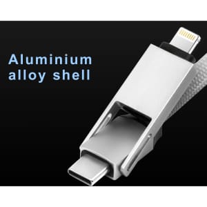 A charging cable with a silver aluminium alloy shell and a digital display. It features a sleek design and multiple connectors.
