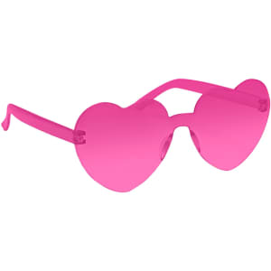 Pink heart-shaped party glasses with transparent lenses and a fun, playful design. Features a simple logo on the frame.