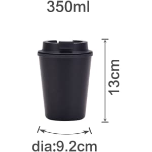 A drink bottle featuring a black, double wall design with a lid, measuring 350ml and 13cm tall.